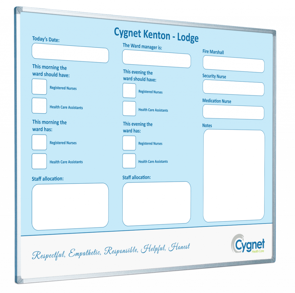 Cygnet Kenton Lodge Custom Printed Ward Information Board Healthcare