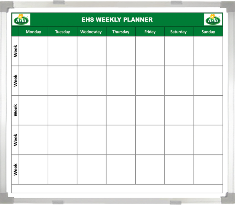 Workplace safety and compliance planning board that organizes environmental, health, and safety initiatives, inspections, training activities, and action plans for improved operational oversight.