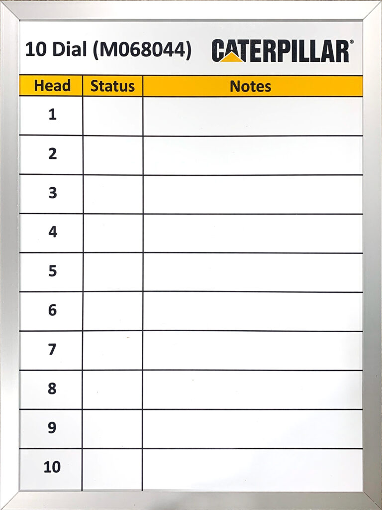 Custom dry-erase production and maintenance tracking board designed to provide real-time equipment status visibility, streamline communication, and improve operational accountability across manufacturing teams.