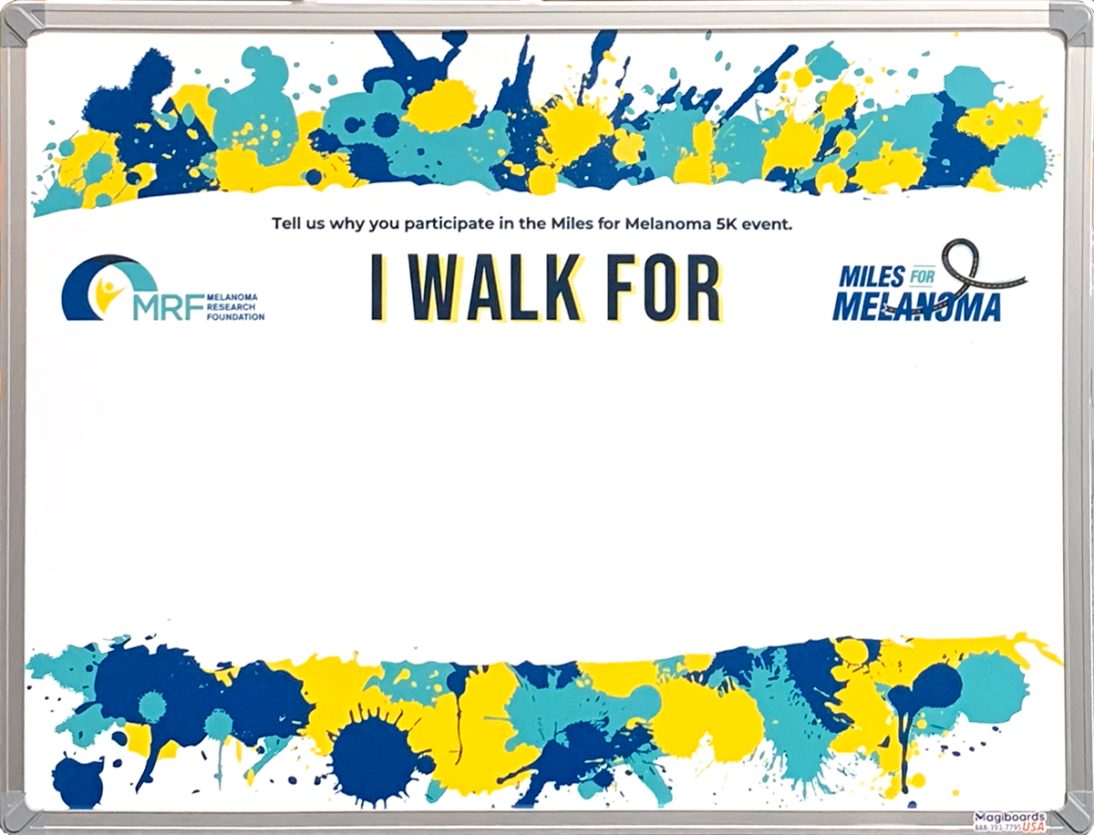 A whiteboard with blue, teal, and yellow paint splatters, with an "I walk for" text across the board.