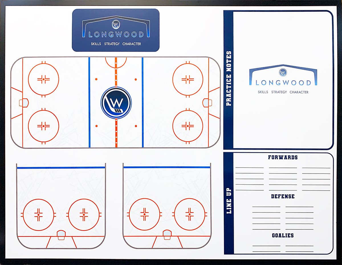 A hockey coaching board showing rink diagrams, practice notes, lineup sections, and team logos in blue and red.