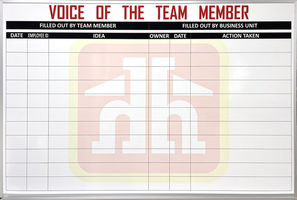 a voice of the team member board with blank rows, labeled columns, and a faint logo behind the grid.