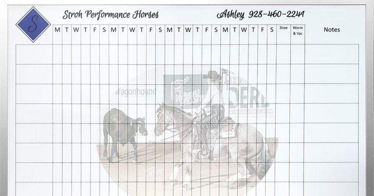 A horse performance tracking board has a grid of dates above a faded arena scene and a wide notes section.