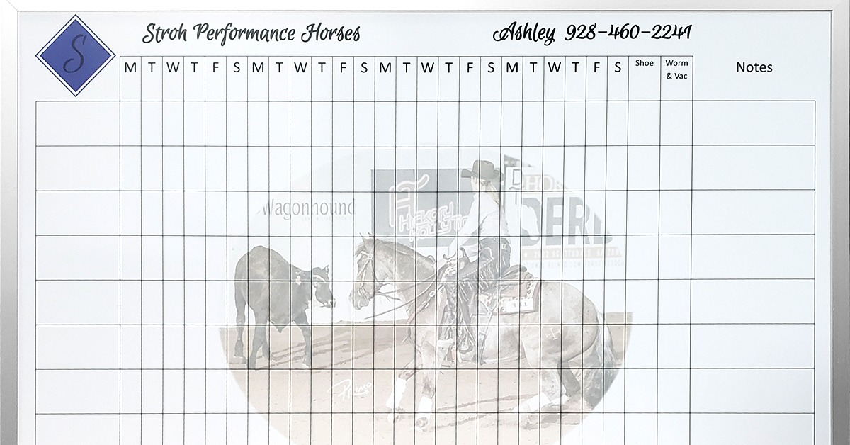 A horse performance tracking board has a grid of dates above a faded arena scene and a wide notes section.