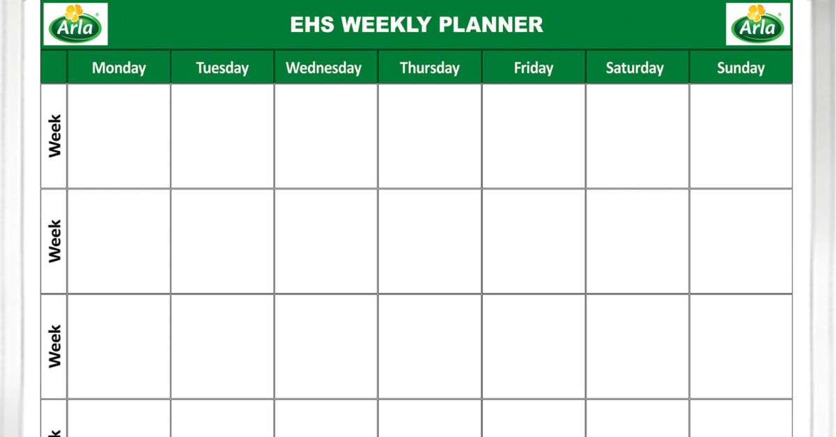 A green EHS weekly planner contains empty calendar boxes for each weekday, plus brand logos at the top.