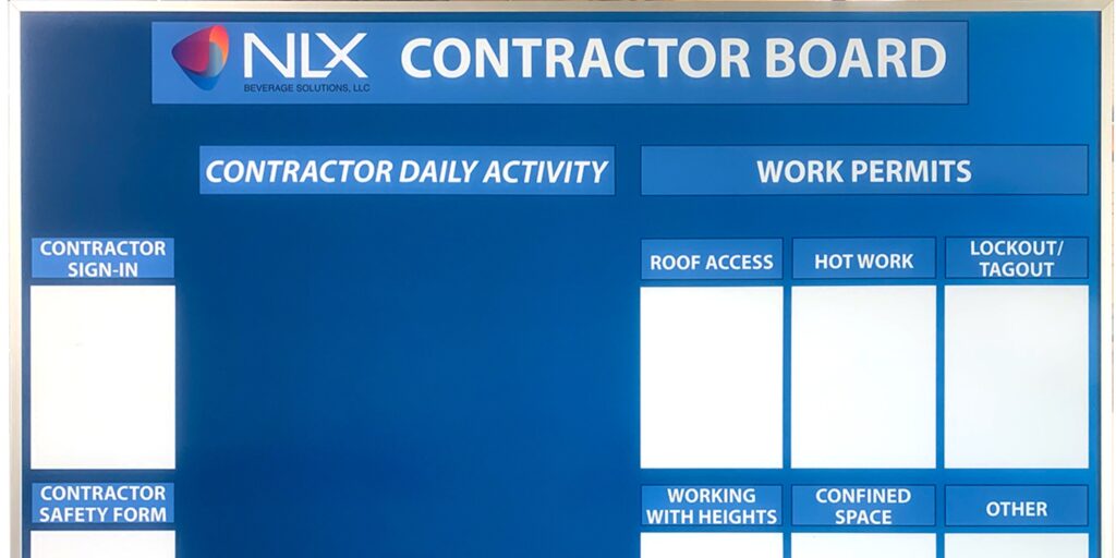 A blue contractor board with labeled sections for sign-in, daily activity, work permits, and blank form spaces.