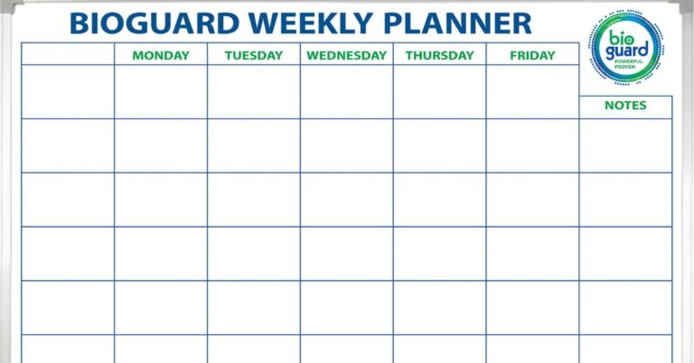A blue and green weekly planner board shows empty weekday columns with grid lines and a notes area on the right.