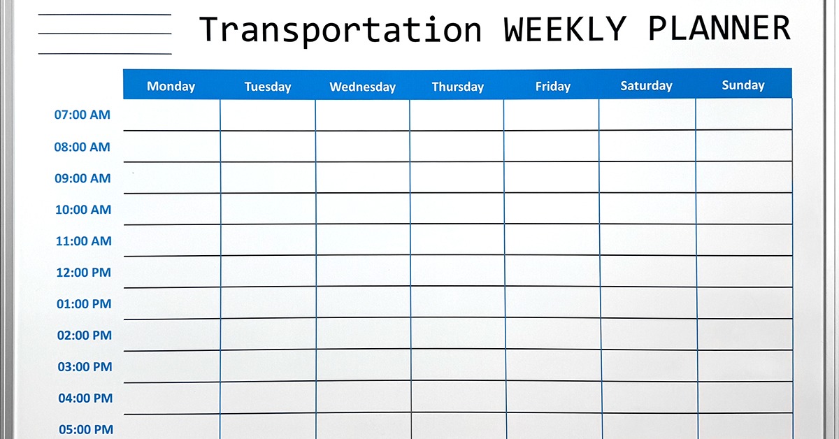 A transportation weekly planner shows empty time rows under weekday columns from morning through late afternoon.
